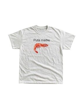 White Tee with Red Shrimp Graphic and Text
